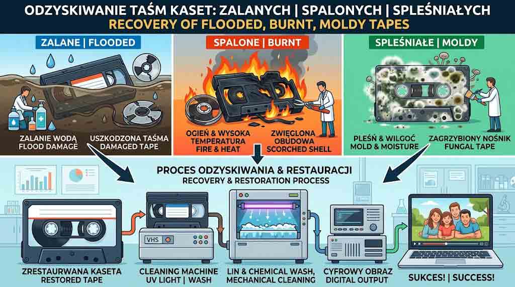 Odzyskiwanie taśm kaset zalanych spalonych spleśniałych